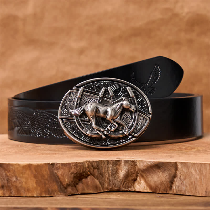 Men's DIY Galloping Horse Hidden Folding Knife Leather Belt