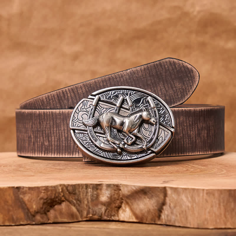 Men's DIY Galloping Horse Hidden Folding Knife Leather Belt