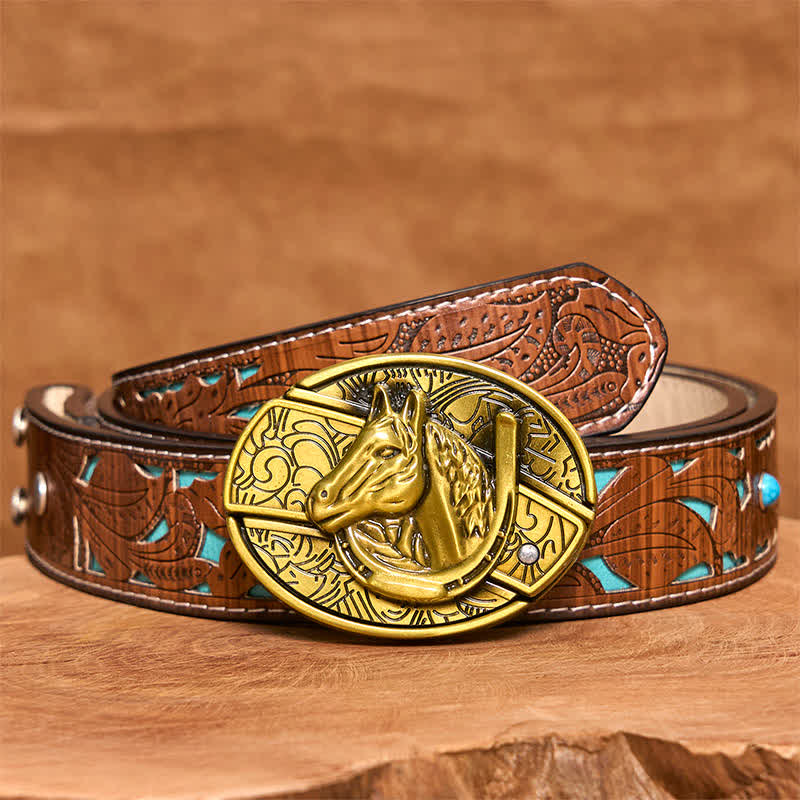 Men's DIY Bronze Horse Head Hidden Folding Knife Leather Belt