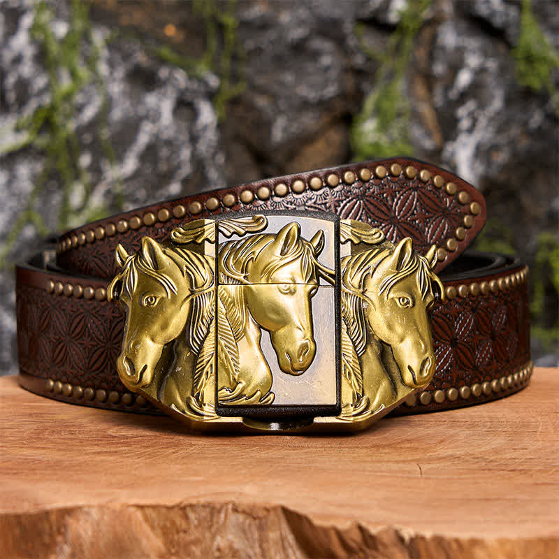 Men's DIY Bronze Triple Horses Leather Belt With Hidden Lighter
