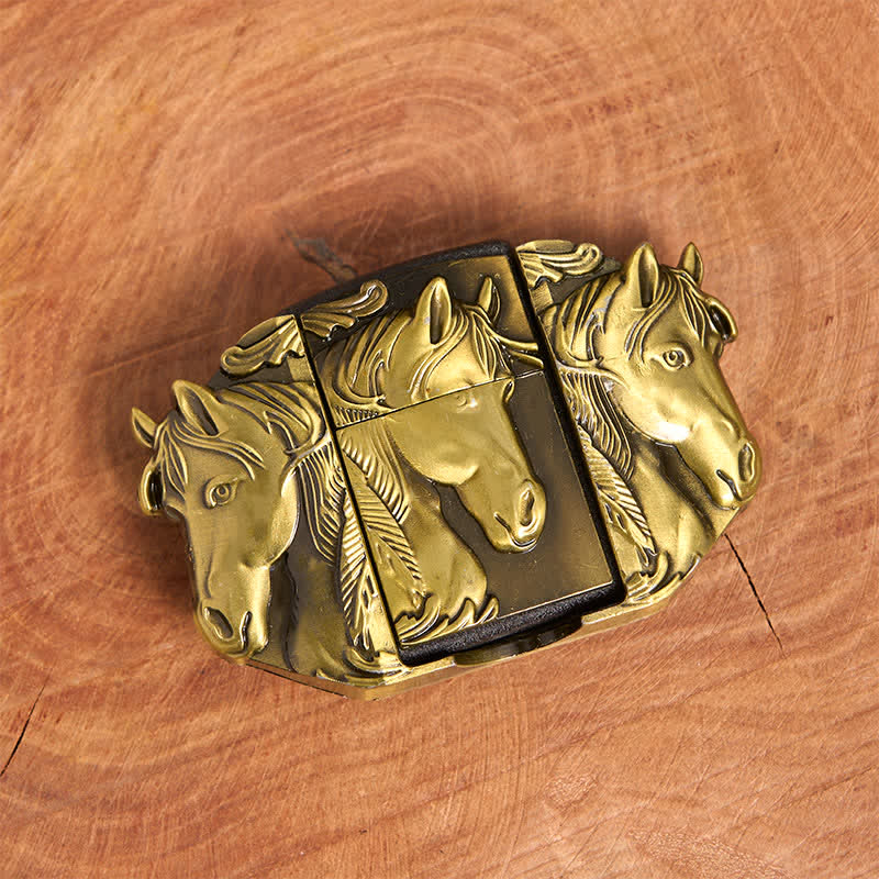 Men's DIY Bronze Triple Horses Leather Belt With Hidden Lighter