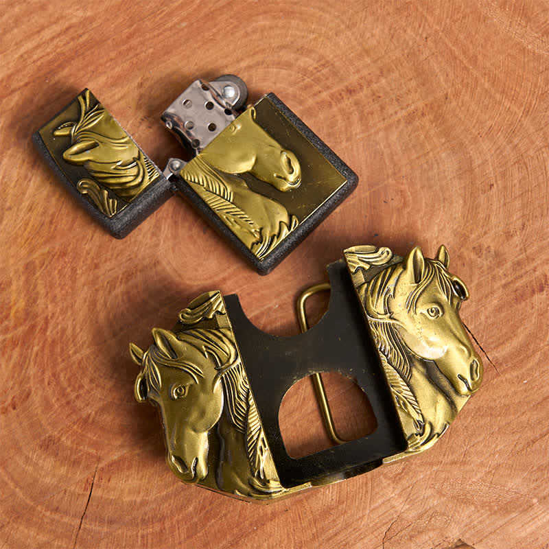 Men's DIY Bronze Triple Horses Leather Belt With Hidden Lighter