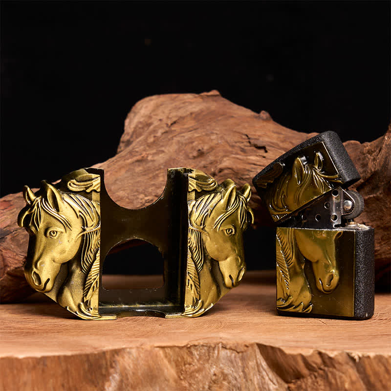 Men's DIY Bronze Triple Horses Leather Belt With Hidden Lighter