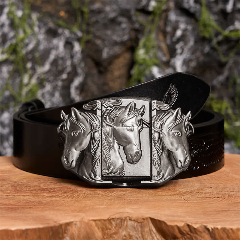Men's DIY Silver Triple Horses Leather Belt With Hidden Lighter