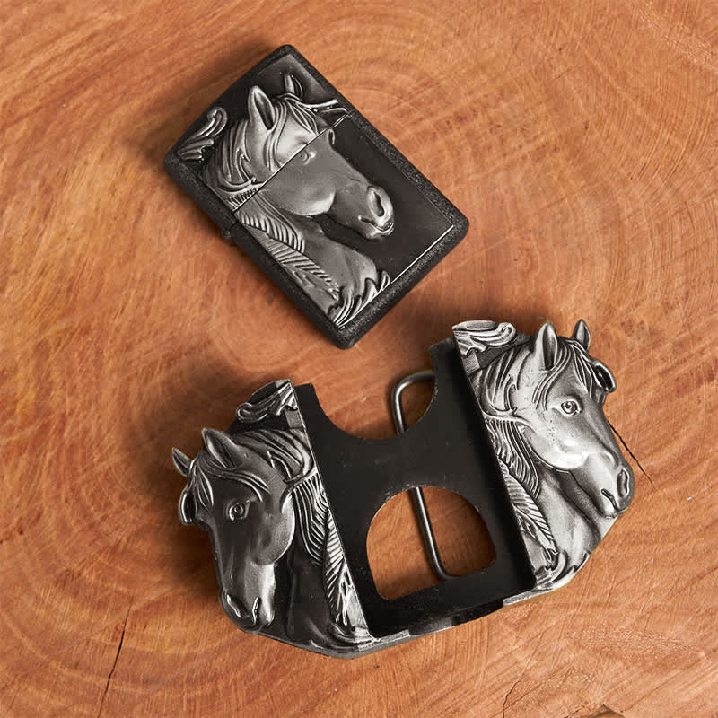 Men's DIY Silver Triple Horses Leather Belt With Hidden Lighter