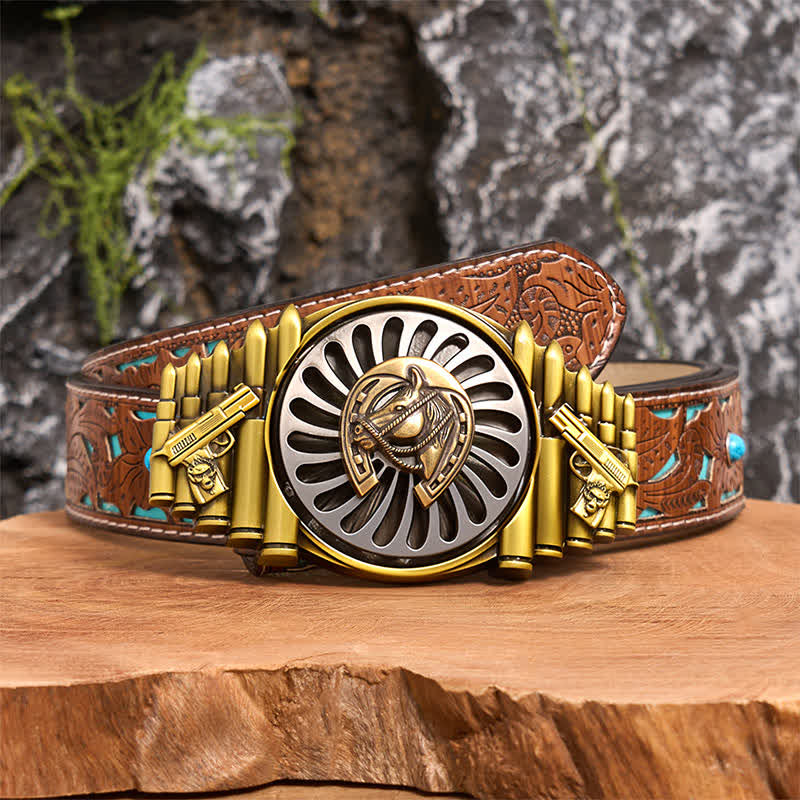Rotating Bronze Horseshoe DIY Gun & Bullet Pattern Buckle Leather Belt