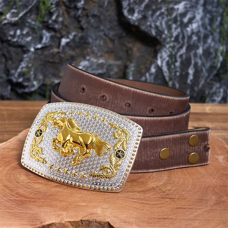 Rectangular DIY Two Tone Running Horse Large Buckle Leather Belt