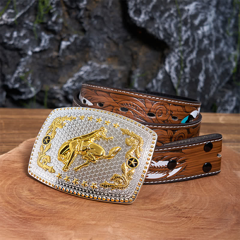 Rectangular DIY Two Tone Horse Riding Large Buckle Leather Belt