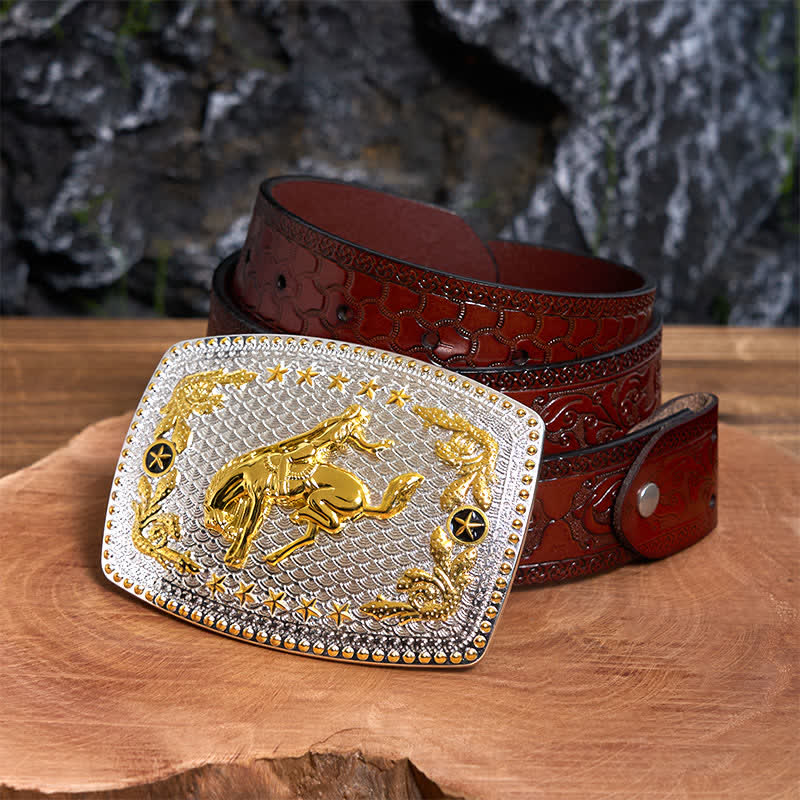Rectangular DIY Two Tone Horse Riding Large Buckle Leather Belt