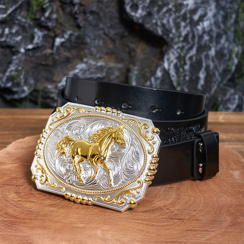 Golden Running Horse DIY Cowboy Buckle Leather Belt