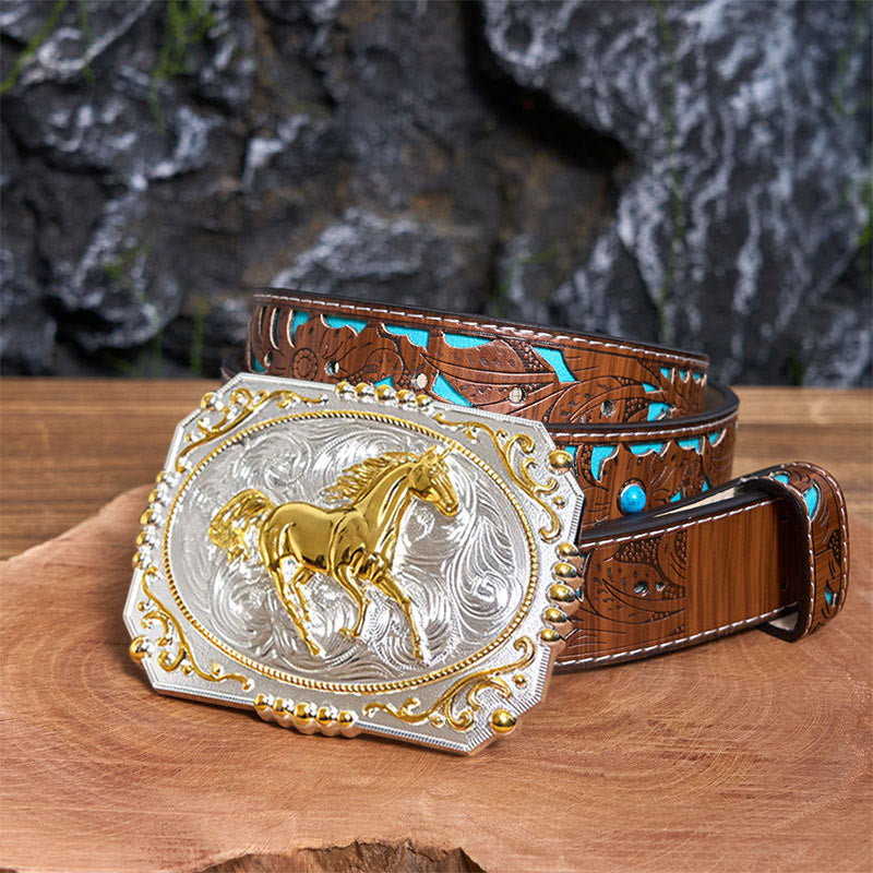 Golden Running Horse DIY Cowboy Buckle Leather Belt
