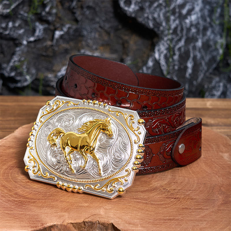 Golden Running Horse DIY Cowboy Buckle Leather Belt