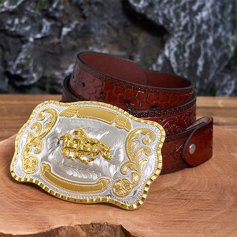 Three Galloping Horses DIY Cowboy Buckle Leather Belt