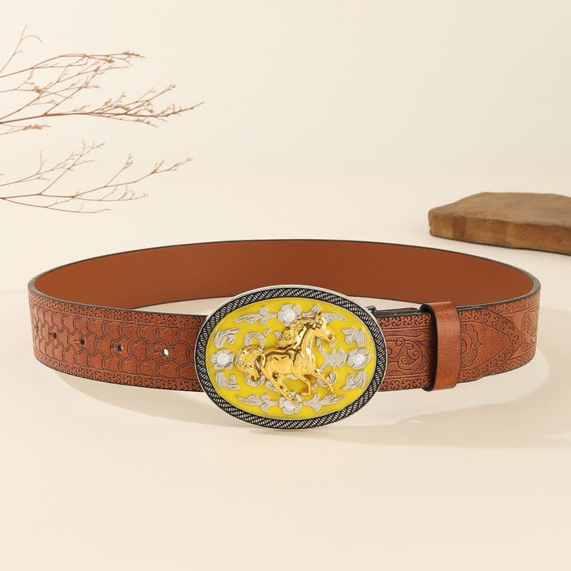 Running Horse Yellow Colored Buckle Embossed Leather Belt