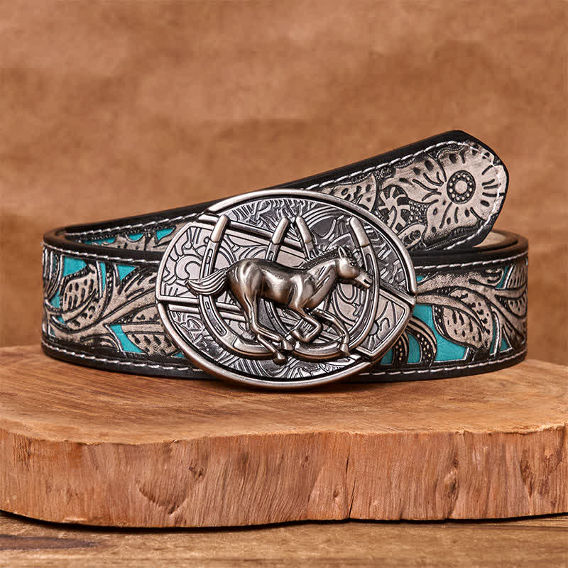 Men's DIY Galloping Horse Hidden Folding Knife Leather Belt