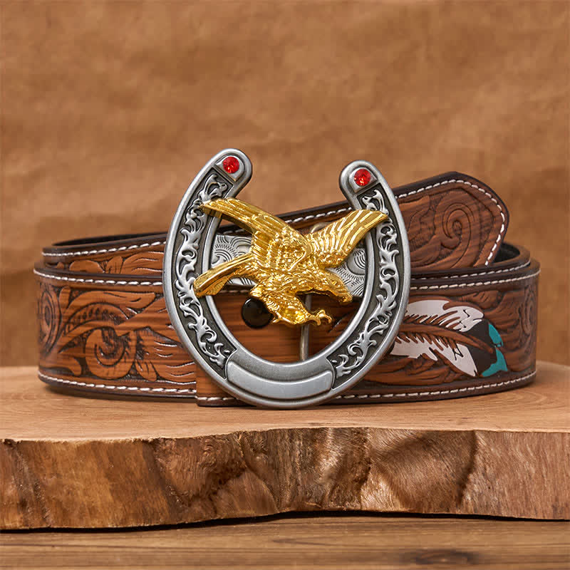 Gold Eagle Western Horseshoe Shape Buckle Leather Belt