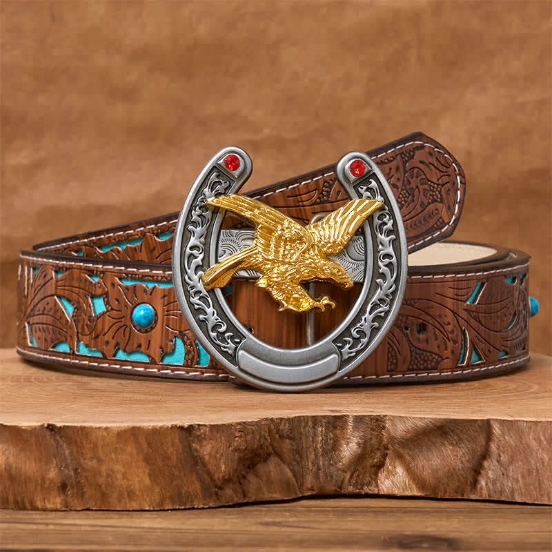 Gold Eagle Western Horseshoe Shape Buckle Leather Belt