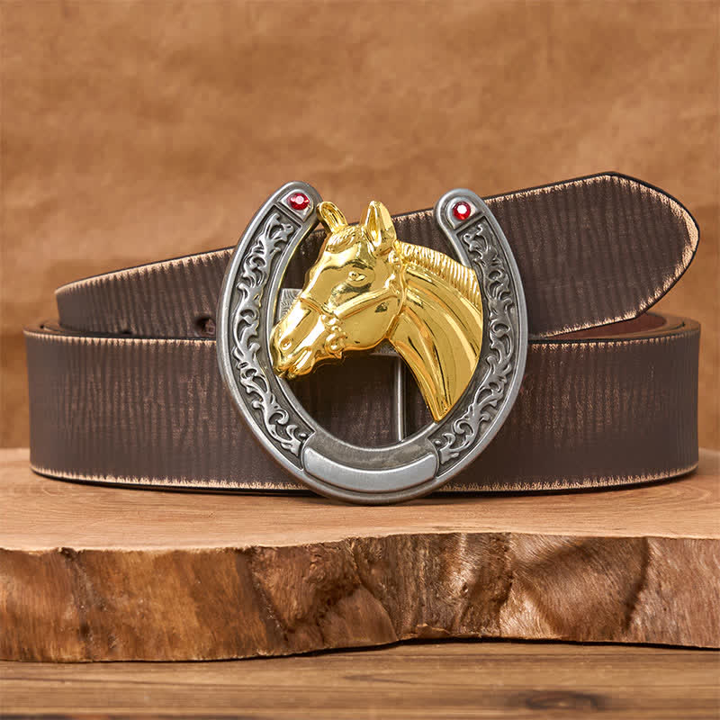 Horse Head & Horseshoe Shape Buckle Leather Belt