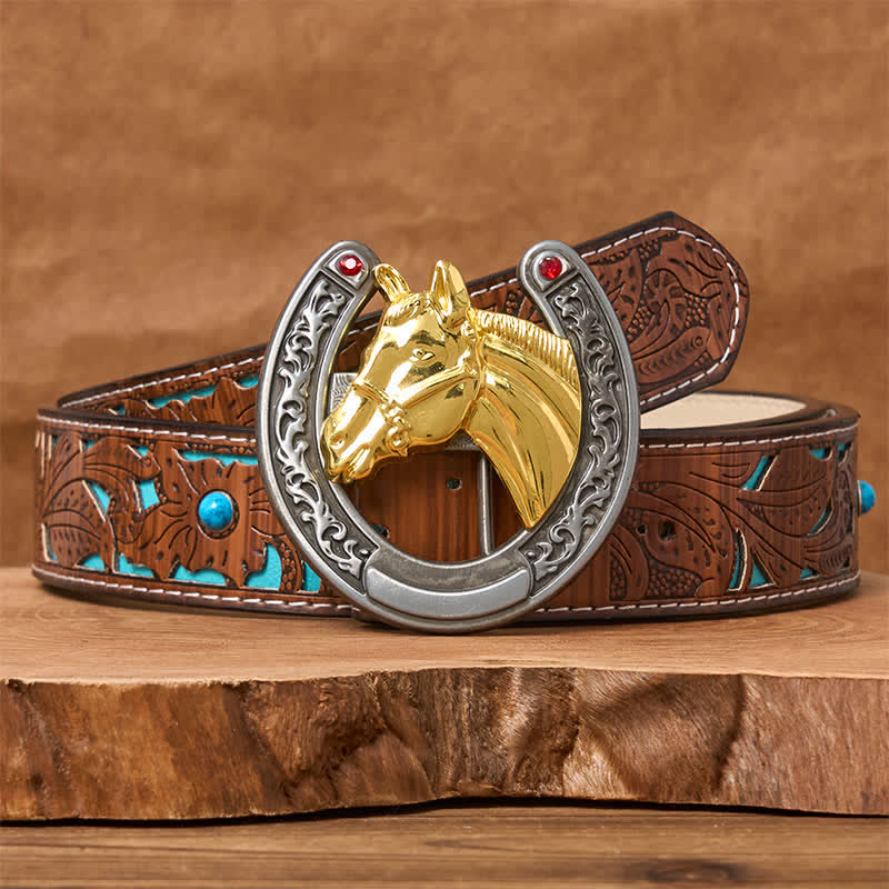 Horse Head & Horseshoe Shape Buckle Leather Belt