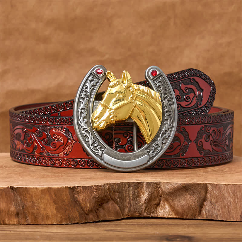 Horse Head & Horseshoe Shape Buckle Leather Belt