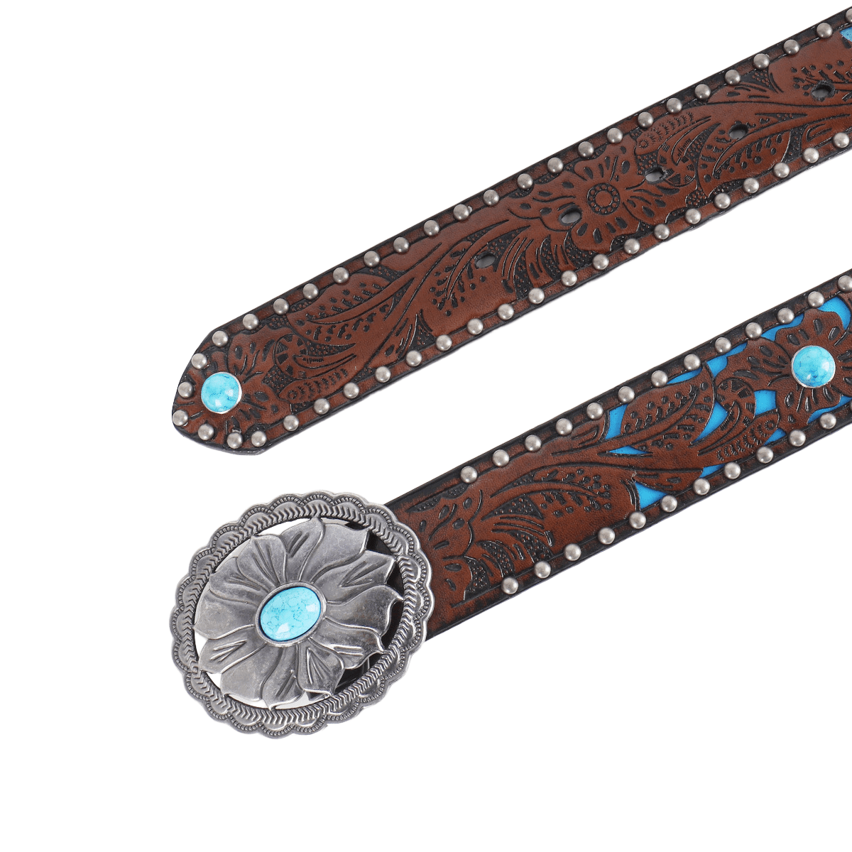 Women's Silver Flower Shaped Turquoise Buckle Metal Rivet Belt