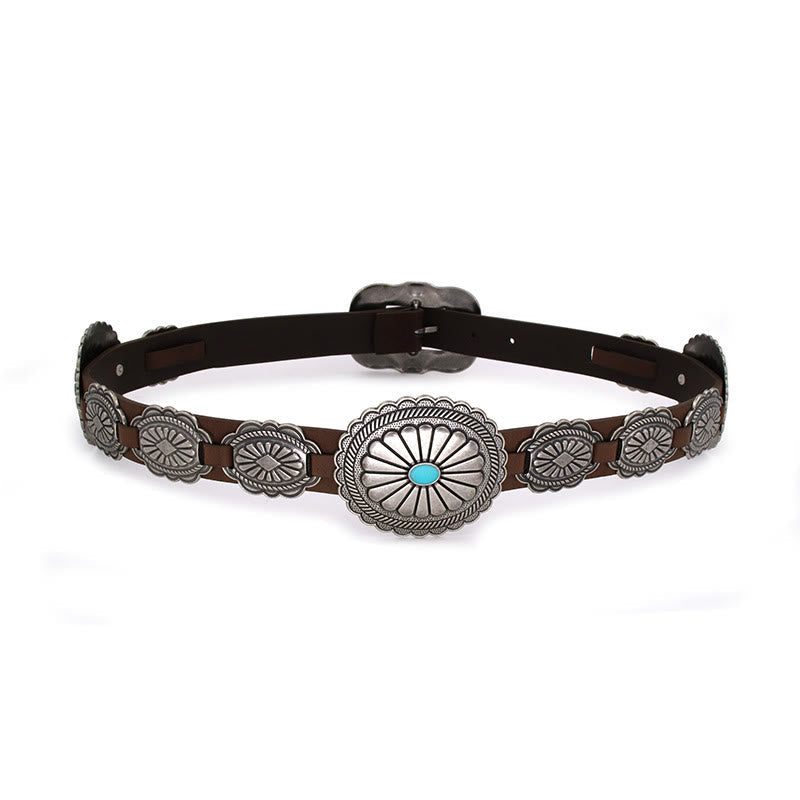 Women's Silver Patterned Turquoise Buckle Belt