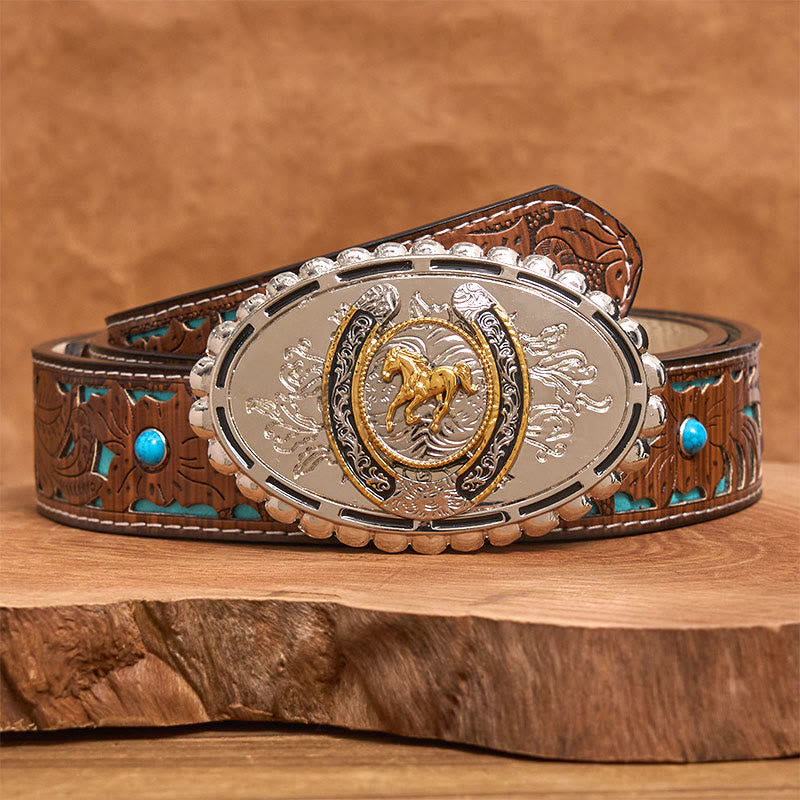 Men's Western Silver Carved Golden Horse Ellipse Buckle Leather Belt