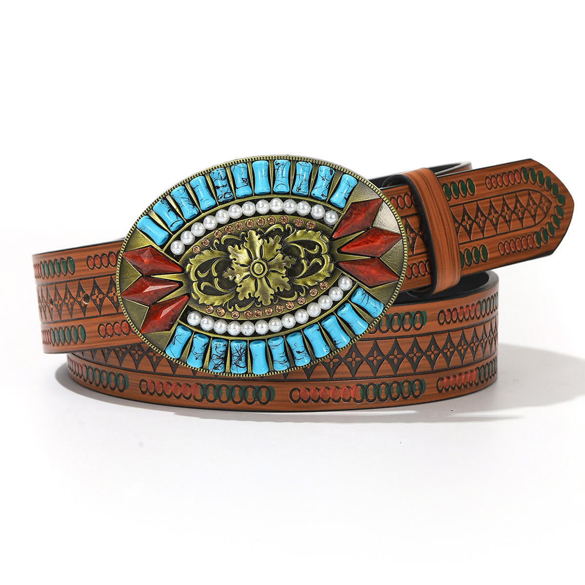 Turquoise Pearl Red Gem Retro Pattern Buckle Floral Embossed Leather Belt