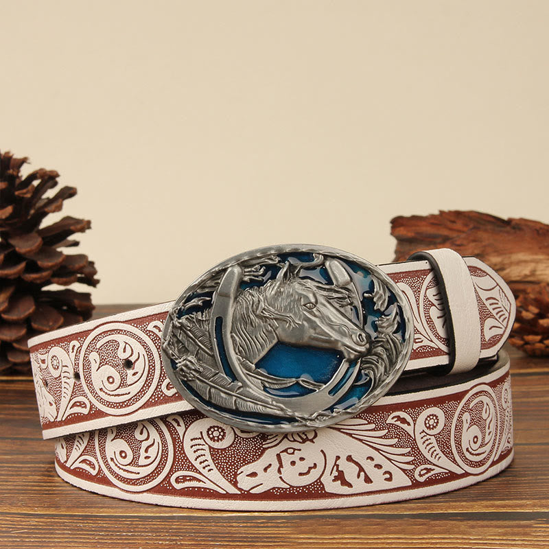 Men's Silver Horsehead & Horseshoe Carving Leather Belt