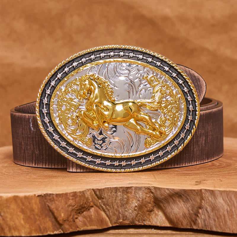 Men's Golden Galloping Horse Oval Carved Buckle Leather Belt