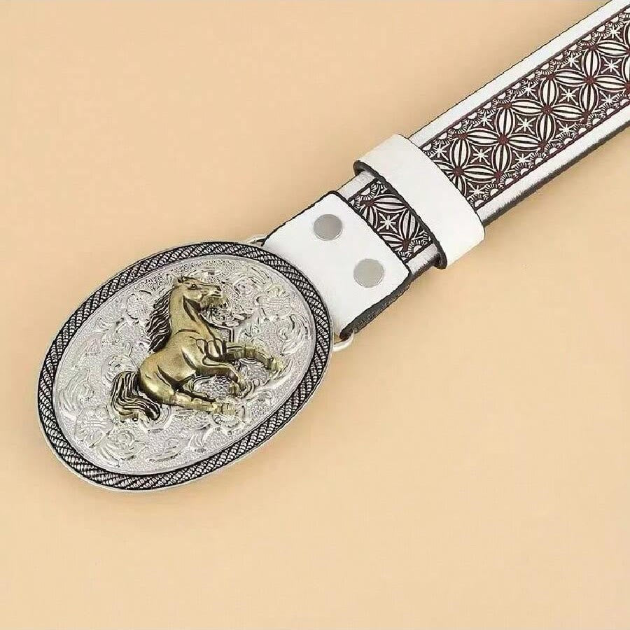 Vintage Gold Horse-Carved Buckle Geometric Dark-Trim Leather Belt
