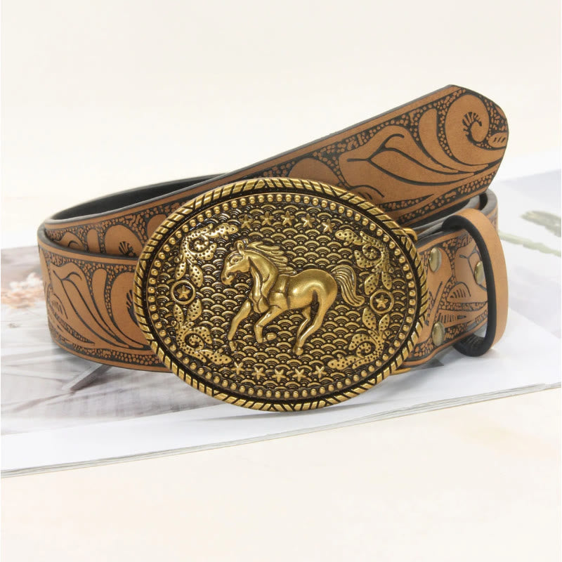 Men's Western Style Double Horsehead Buckle Embossed Leather Belt