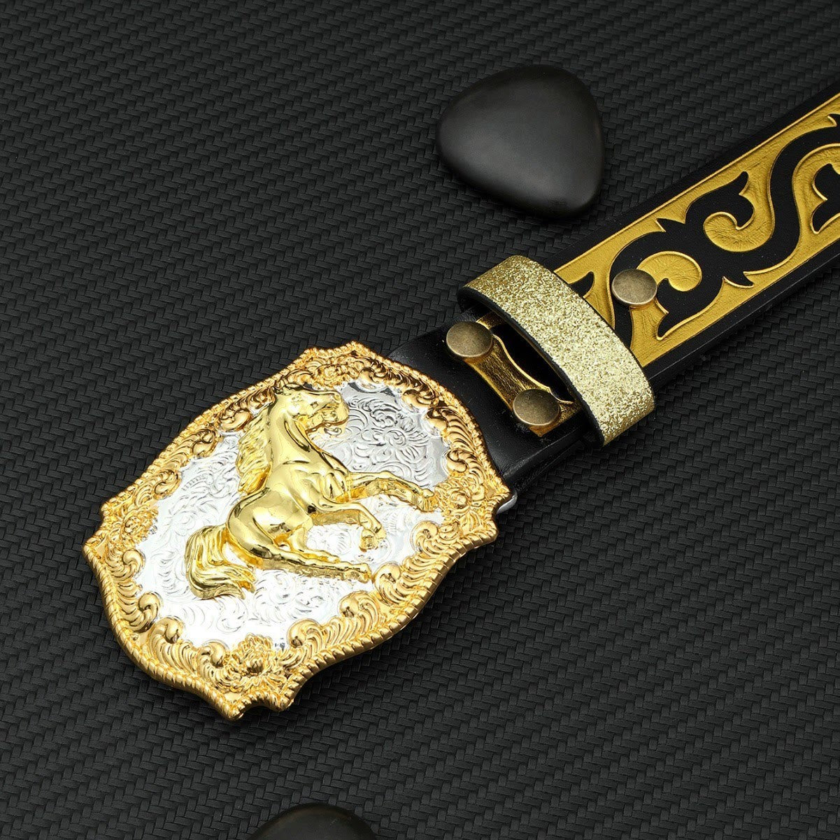 Men's Golden Horse Carving Buckle Black & Gold Embossed Belt