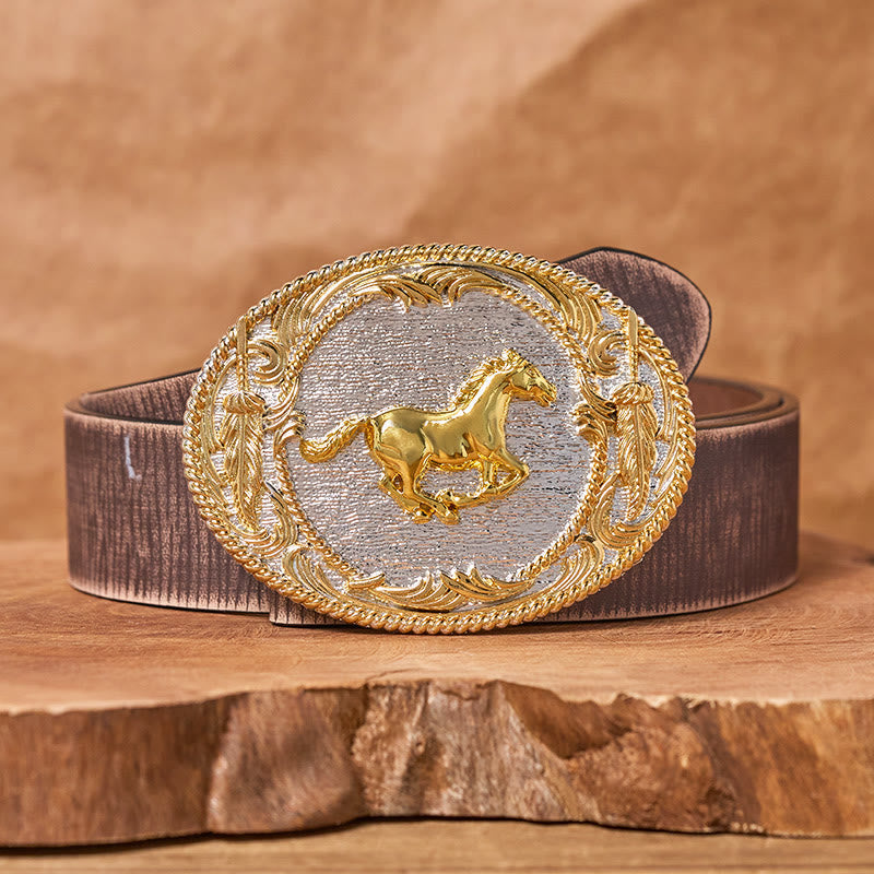 Men's Golden Galloping Horse Oval Buckle Leather Belt