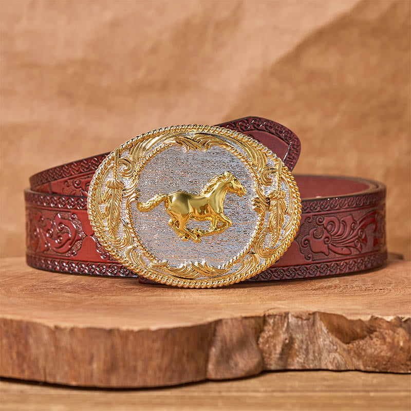 Men's Golden Galloping Horse Oval Buckle Leather Belt