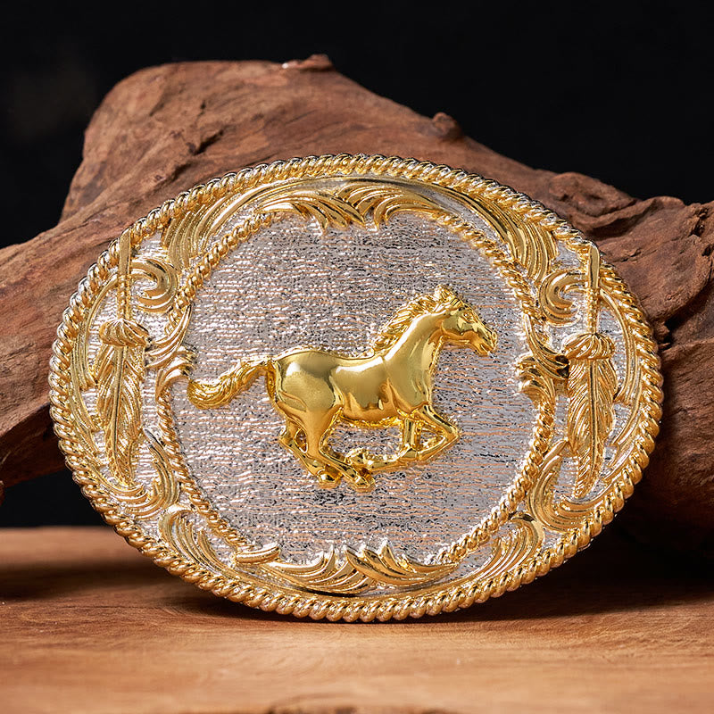 Men's Golden Galloping Horse Oval Buckle Leather Belt
