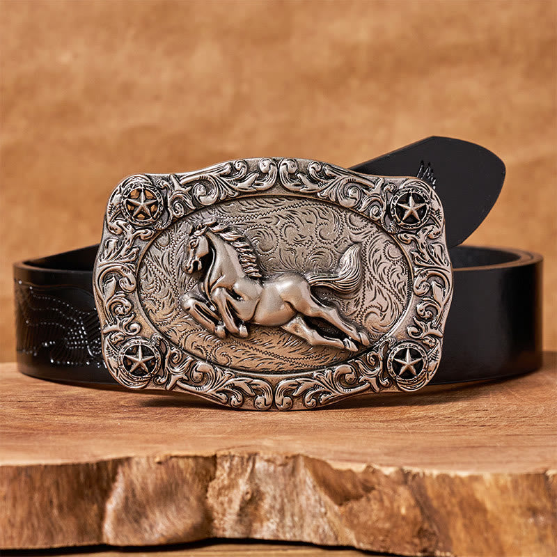 Men's Silver Galloping Horse & Stars Buckle Leather Belt