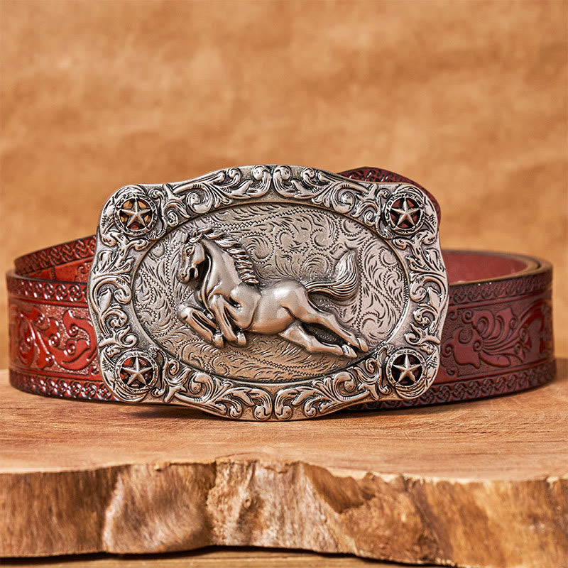 Men's Silver Galloping Horse & Stars Buckle Leather Belt