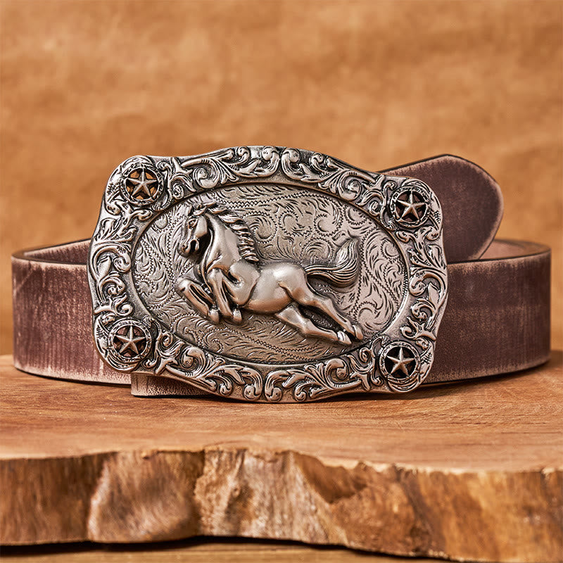Men's Silver Galloping Horse & Stars Buckle Leather Belt