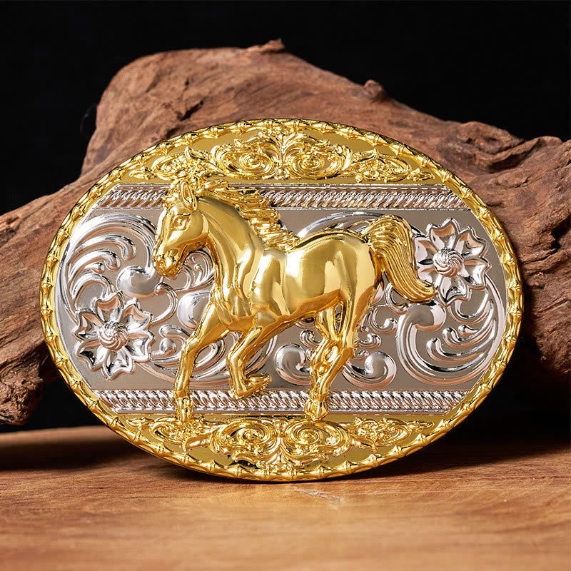 Men's Gold & Silver Galloping Horse Oval Buckle Leather Belt