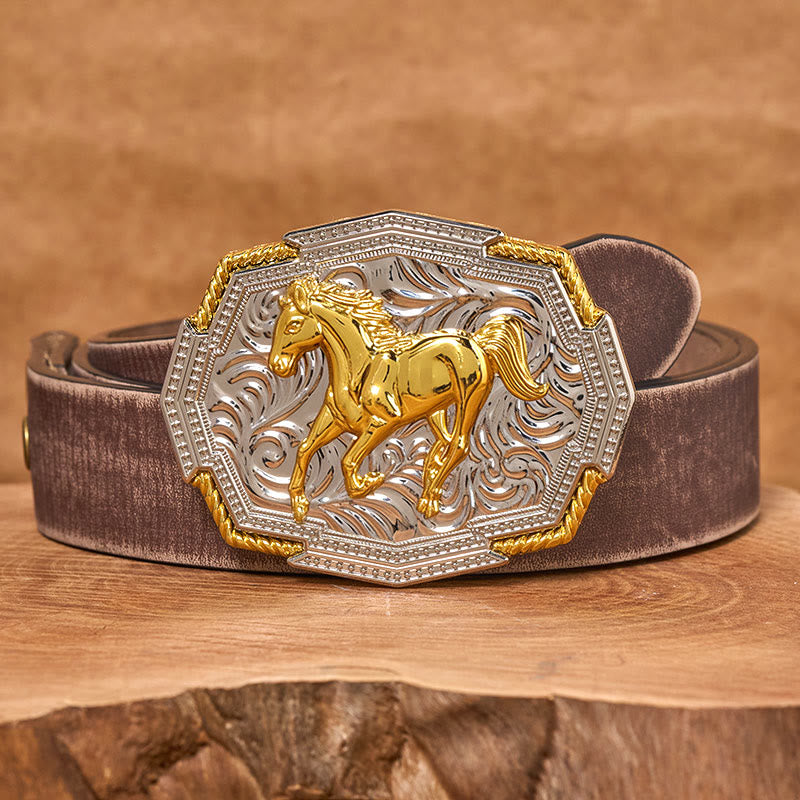 Men's Western Gold And Silver Relief Galloping Horse Buckle Leather Belt