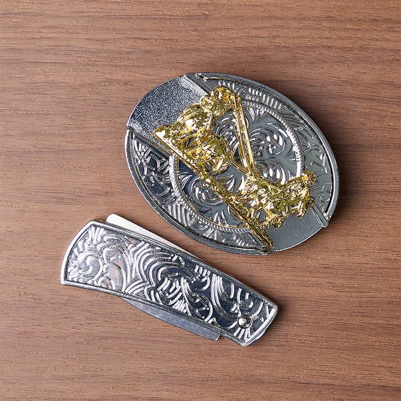 Western Horse Carriage DIY Hidden Folding Knife Gold Buckle Leather Belt