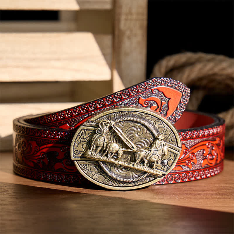 Bronze Horse Carriage DIY Hidden Folding Knife Western Buckle Leather Belt