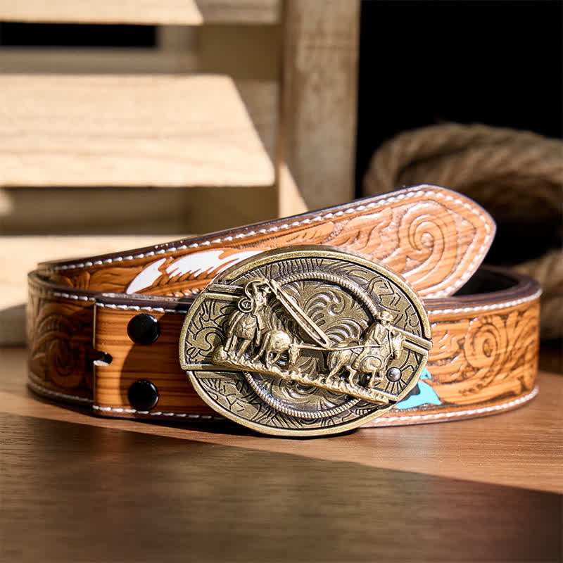 Bronze Horse Carriage DIY Hidden Folding Knife Western Buckle Leather Belt