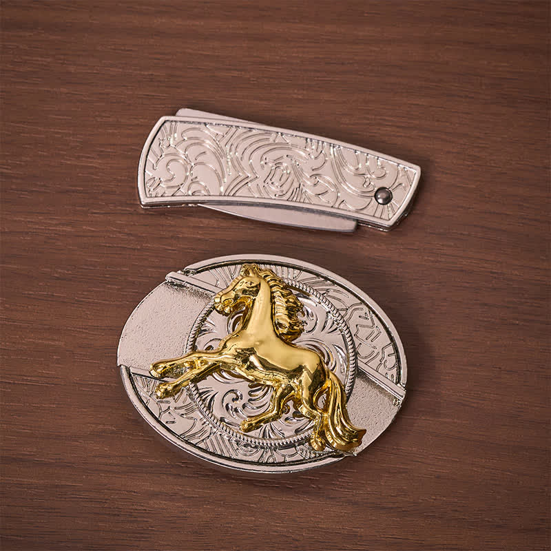 Silver & Gold Galloping Horse DIY Hidden Folding Knife Buckle Leather Belt