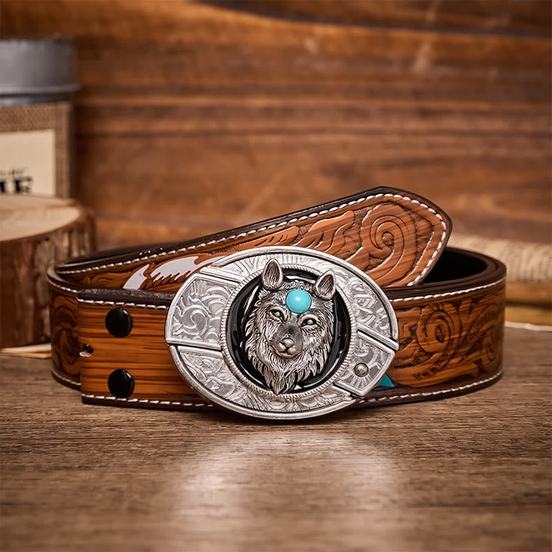 Turquoise Wolf DIY Hidden Folding Knife Buckle Leather Belt