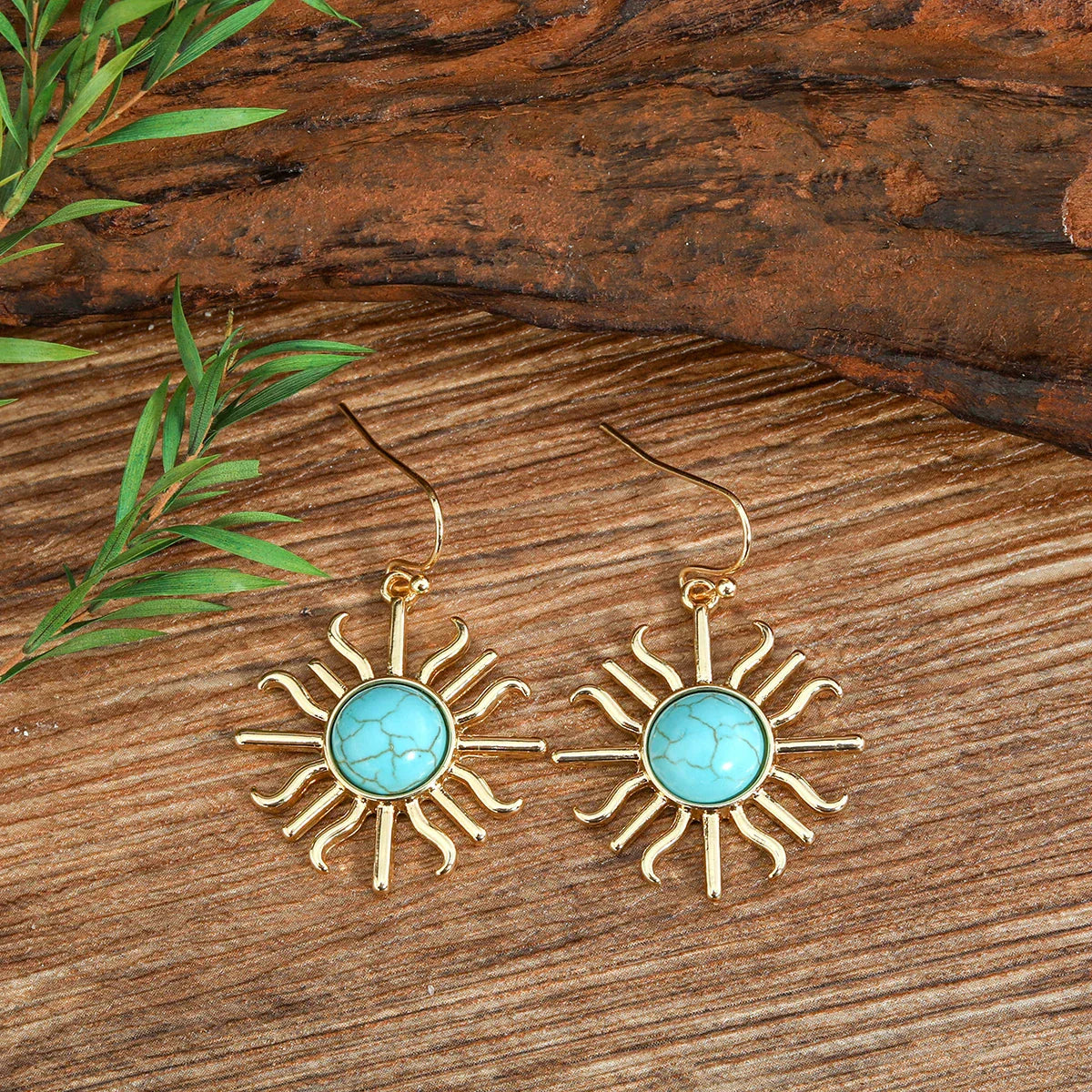 Western Boho Sun Shape Turquoise Drop Earrings