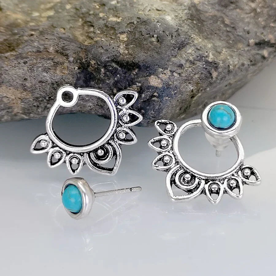 Vintage Turquoise Sunburst Stud Hoop Earring