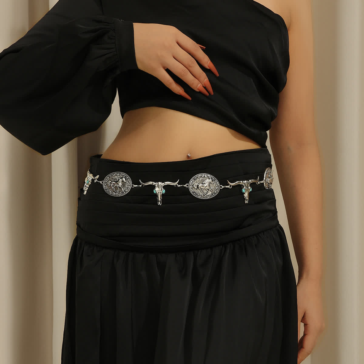 Women's Bull Head Faux Turquoise Western Concho Belt Waist Chain