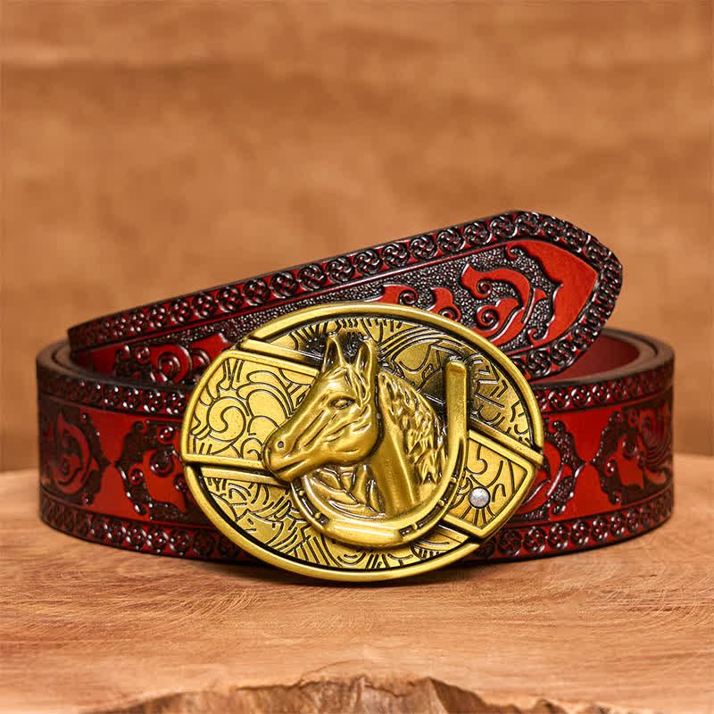 Men's DIY Bronze Horse Head Hidden Folding Knife Leather Belt